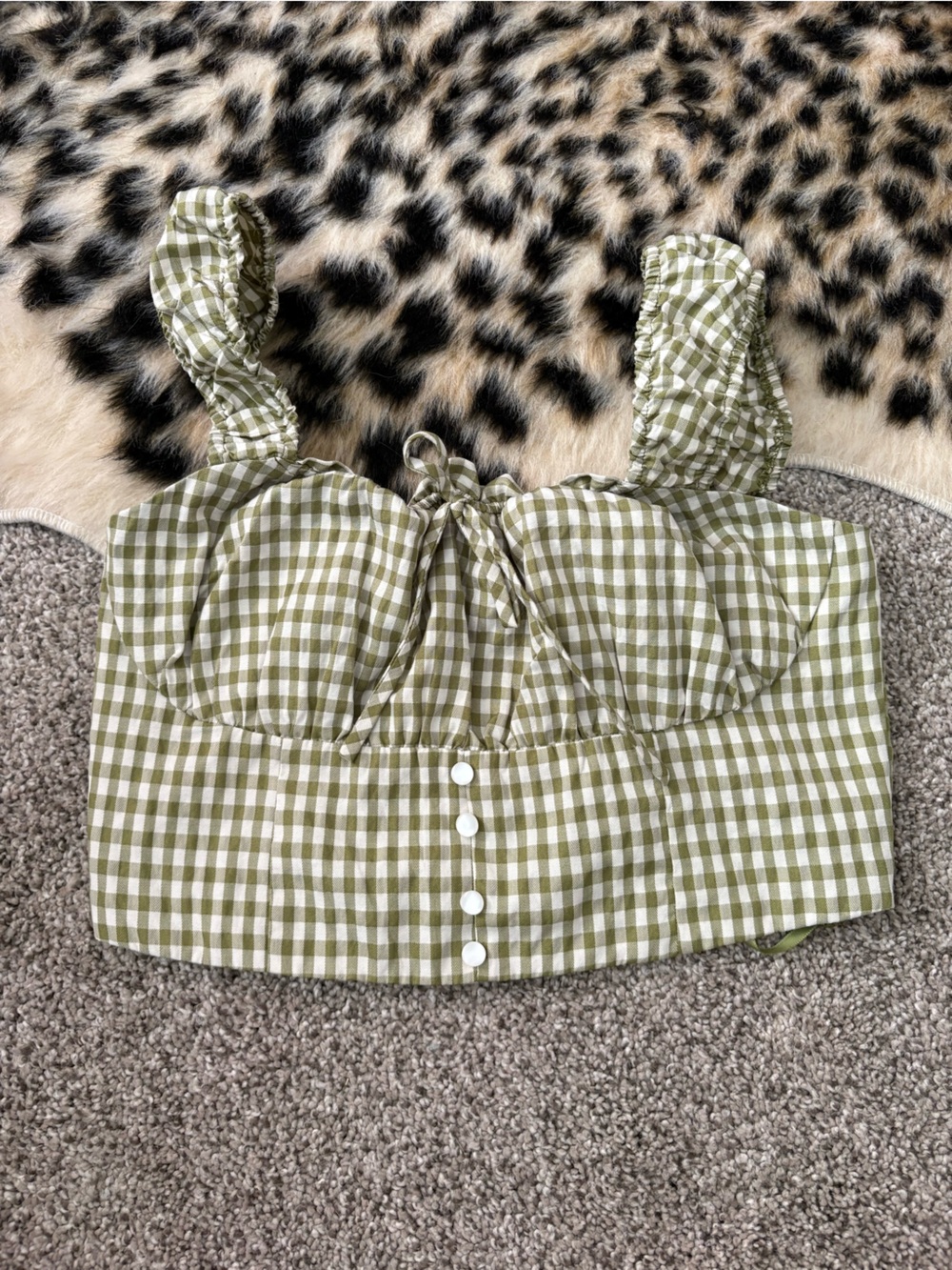 Olive Gingham Tie-Front Crop Top with Ruffled Straps